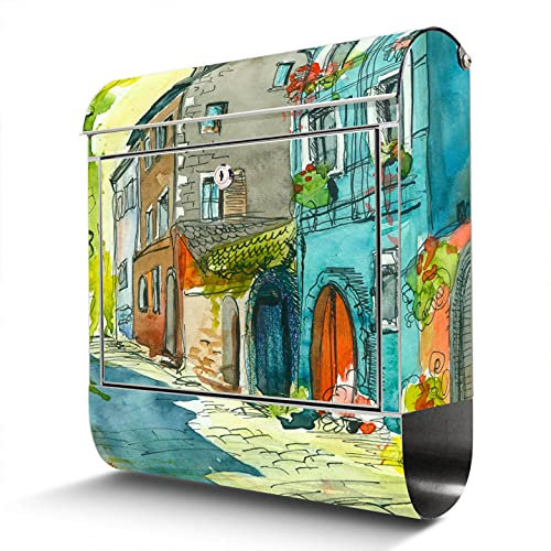 banjado® Briefkasten Edelstahl mit Motiv Historischer Stadtkern 38x43x12cm & 2 Schlüssel - rostfreier Edelstahl Briefkasten mit Zeitungsfach - Postkasten A4 Einwurf inkl. Montagematerial