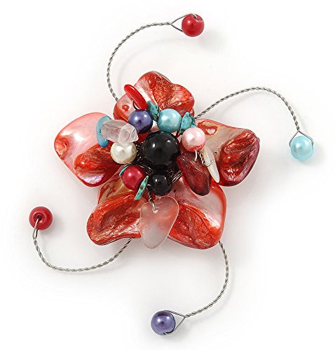 Avalaya Broche en forme de fleur faite à la main en forme de coquillage rouge brique - 45 mm de diamètre, taille unique, Verre Verre Coquillage, Turquoise