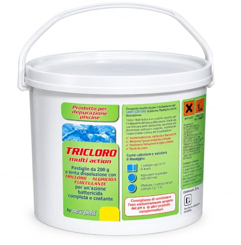 NewPlast 0961 Tricloro Piscina 5 Azioni, Pastiglie da 200 g, 5 kg | Protezione completa per una piscina sempre pronta all'uso