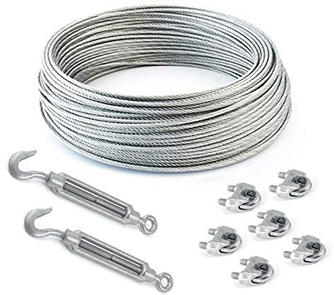 COJUNTO 50m cuerda de alambre galvanizado 8mm hebra: 6x19 + 6 abrazaderas + 2 tensores ojetes/gancho