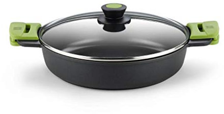 BRA PRIOR - Cacerola baja con tapa de cristal y asas de silicona, apta para todo tipo de cocinas incluida inducción y horno, 28 cm