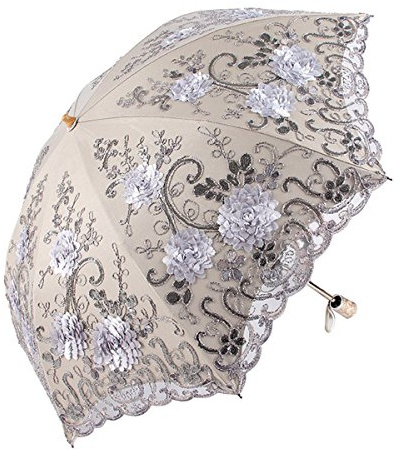Honeystore Sonnenschirm, Vintage, Spitze, UV-Sonnenschirm, zweifach faltbar, 3D-Blumen-Stickerei, grau (Grau) - HSY1607C6-03