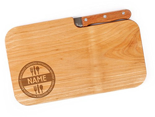Cera & Toys® Frühstücksbrett aus Holz mit Messer und gratis Gravur des Namens - Mahlzeiten