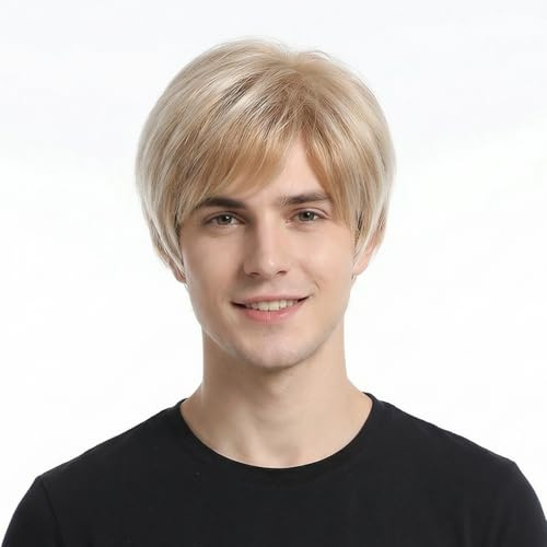 STfantasy Herren Perücke Natürlich Perrücke Blond Kurz Gerade Layered Zweifarbig Gemischt Wig für Cosplay (Golden)