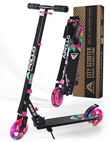 Apollo SkyRacer Roller Kinder ab 6 Jahre, LED Scooter 145mm, klappbar | Höhenverstellbarer Kinderroller mit LED Leuchträdern & Federung, klappbar: Roller Kinder ab 6/8/10, Cityroller, Tretroller