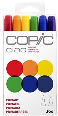 COPIC Ciao Marker Set Primary mit 6 Farben, Allround Layoutmarker, im praktischen Acryl-Display zur Aufbewahrung und einfachen Entnahme