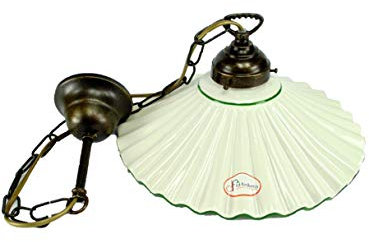 Lampadario ottone brunito stelo catenella una luce stile liberty con piatto ceramica bordato verde l1034 Misure:H 74cm,Ø piatto 29cm.Le misure sono con piatto.Portalampade attacco Edison E 27