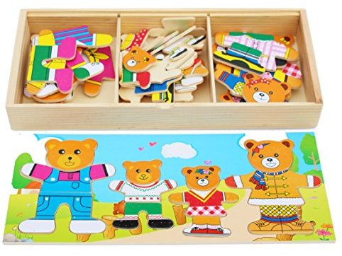 Holzpuzzle und Steckspiel - Ankleiden der Bären Familie - 72-teiliges Spielzeug in Einer Holzkiste mit Fächern