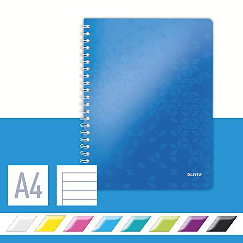Leitz WOW Collegeblock A4 liniert, 160 Seiten, 80 Blatt FSC-zertifiziertes Papier 80 g/m², Doppelspiralbindung, PP-Einband, Notizbuch mit Sichthülle und Lineal, Für Büro oder Schule, Blau, 46370036