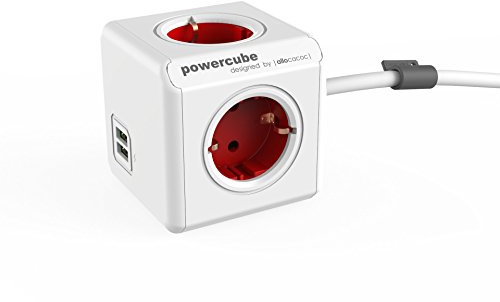 allocacoc PowerCube DuoUSB Extended DE Rot, 4 fach Steckdosenverteiler mit 2,1 A USB Ladestrom, Weiß Rot