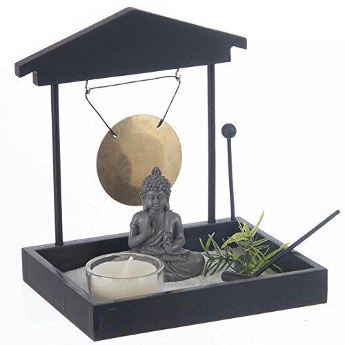 Générique Jardin Zen Japonais Bouddha avec Sable, Gong, Photophore, Râteau, Galets - Idéal pour une Touche Zen Chez Soi - Dimensions : 16,5 x 15 x 12 cm