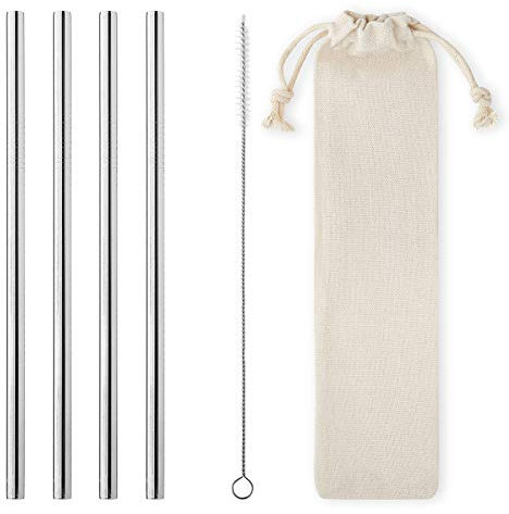 8 Pack of 8mm Wide Eco-Friendly Stainless Steel Straight Metal Straws Set Reusable Silver Drinking Straws for Iced Coffee Tea Bubble Tea Tumbler with Travel Pouch & Cleaning Brush Smoothie Milkshake