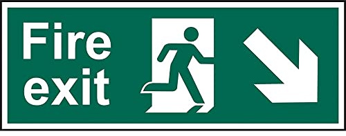 V Safety Fire Exit Arrow Down Right Sign - Landscape - 600 mm x 200 mm - Self Adhesive Vinyl Safety Sign