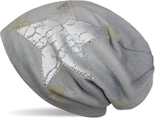styleBREAKER Beanie Mütze mit All Over Stern Muster, Vintage Stern Print, Strass Rand und sehr weichem Innenfutter, Unisex 04024097, Farbe:Hellgrau