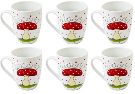 BOLTZE Becher, Tasse 'Glückspilz' aus Porzellan, 300ml (6 Stück) Kaffeebecher Kaffeetasse