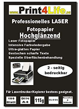 P4L – 100 Blatt DIN A4 115g/m² BEIDSEITIG hochglänzendes Fotopapier (High Glossy) für Laserdrucker/Kopierer