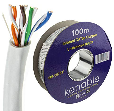 kenable Indoor CAT5e U/UTP Pure Solid COPPER Ethernet Network SOLID Cable Reel 24AWG 100m Grey [100 metres]