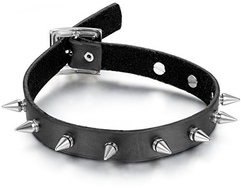 JewelryWe Schmuck Leder Choker Halskette, Spike Nieten Spitzen Halsband Kragen Kette für Herren und Damen, Schwarz