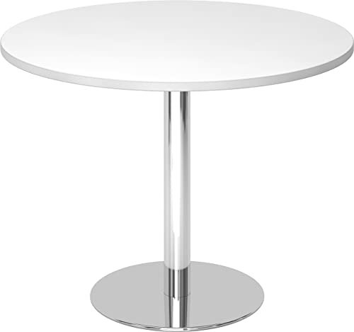 bümö Besprechungstisch, Esstisch klein, Tisch rund 100 cm - Kleiner Esstisch weiß, Rundtisch Esstisch 2 Personen mit Holz-Platte, Säule aus Metall verchromt, Konferenztisch, Bistrotisch