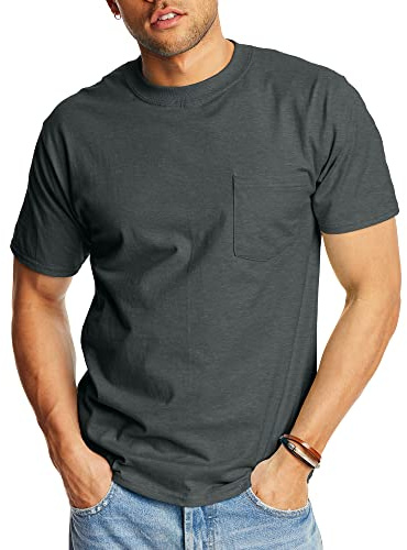 Hanes mens Short-sleeve Beefy T-shirt With Pocket T Shirt, Charcoal Heather, Large US