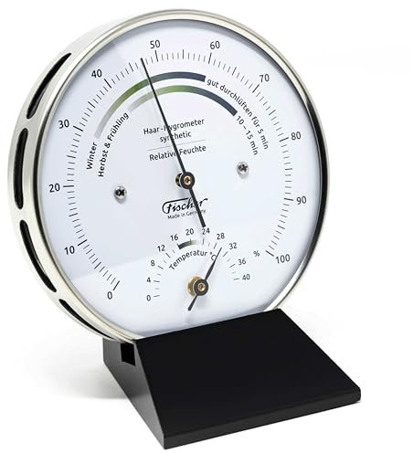 Fischer 122.01HT-06 - Wohnklima-Hygrometer u. Raum-Thermometer - 103mm Edelstahl-Feuchtemesser mit Holz Made in Germany