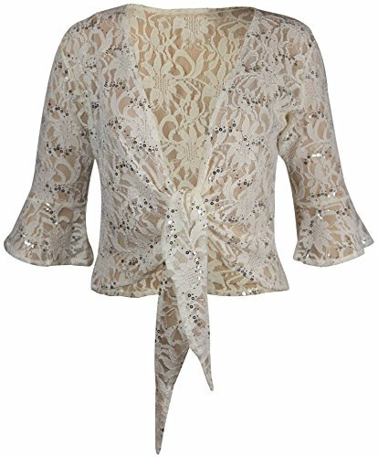 New Womens Floral Lace 3/4 Three Quarter Short Sleeve Ladies Front Tie Up Sequin Shrug Bolero Stretch Cropped Top Cardigan Plus Size Cream Size 24-26