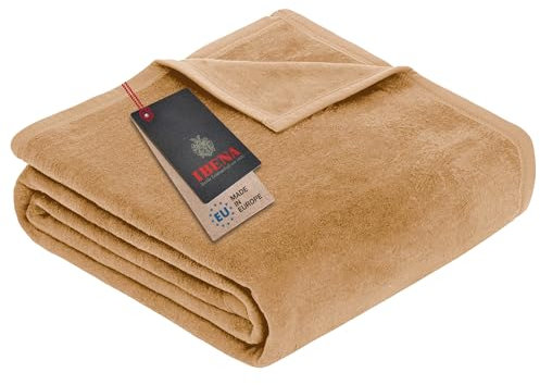 Ibena Porto xl Decke 180x220 cm – Baumwollmischung weich, warm & waschbar, Tagesdecke cognac einfarbig