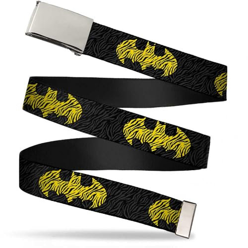 Buckle-Down unisex-adult's Web Belt Batman, Zebra Bat Signal Black/Gray/Yellow/Black, 1.5 Wide-Fits up to 42 Pant Size