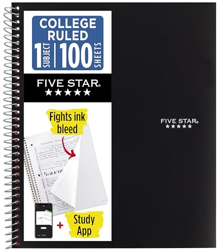 Five Star Spiralnotizbuch, 1 Fächer, College-Papier, liniert, 100 Blatt, 28 x 21 cm, Schule, verdrahtet, Schwarz (72057)