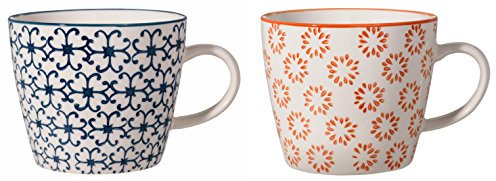Bloomingville Tasses avec poignée Kristina - Tasses à thé Tasse à café pour Le Bureau et la Maison, Cadeau sain ø 9,5 x H 8 cm, Bleu Rouge Orange, Céramique, Lot de 2, Capacité 280 ML