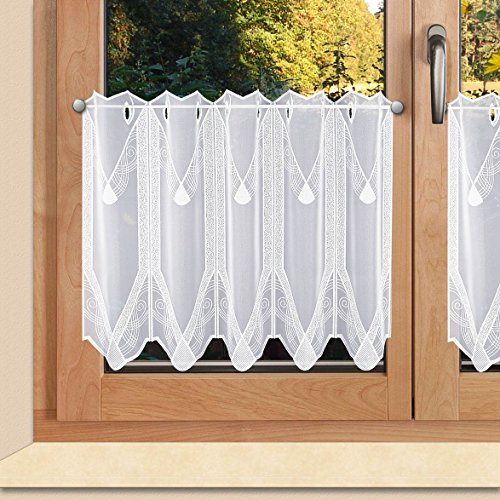 Moderne Scheibengardine Elegance aus Vogtländischer Spitze in weiß - Exklusiver Scheibenhänger mit filigraner Ornament-Stickerei | Halbtransparente geometrische Kurzgardine Höhe x Breite 50 x 80 cm