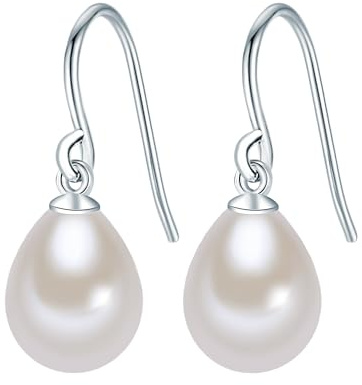 Valero Pearls Damen Perlenohrhänger aus 925/- Sterling Silber mit Süßwasser-Zuchtperle Tropfenform Weiß 8-9 mm - Silberohrhänger mit Perlen