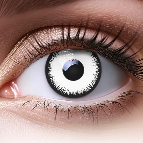 MeralenS 1 Paar farbige weisse schwarze Fun White Lunatic 1-Tages Kontaktlinsen gratis Behälter perfekt zu Halloween, Karneval, Fasching oder Cosplays mit gratis Kontaktlinsenbehälter ohne Stärke