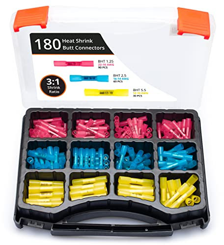 Wirefy 180 PCS Heat Shrink Butt Connectors Kit - Marine Grade Butt Connectors - Wire Butt Splice Connectors - Electrical Waterproof Heat Shrink Butts - 22-10 AWG