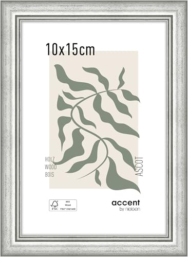 accent by nielsen Holz Bilderrahmen Ascot, 10 x 15 cm, Silber | Holz Fotorahmen im Hoch- & Querformat zum Auftstellen und Aufhängen Silber matt Echtglas