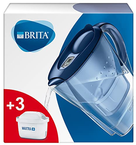 BRITA 1030090 Marella Fridge water filter jug for reduction of chlorine, limescale and impuities, Blue, Includes 3 x MAXTRA+ filter cartridges, 2.4L , 10.9 x 26.7 x 27.7 cm