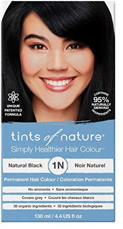 Tints of Nature 1N Natural Black Permanent Hair Dye, Natürliches Schwarz Permanente Haarfarbe, pflegt das Haar und deckt Grau ab, ammoniakfrei, 130ml