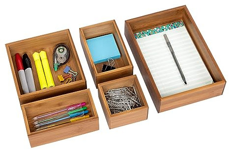 Seville Classics Bambus Premium Organizer Aufbewahrungskörbe für Küche, Besteck, Speisekammer, Schrank, Büroschreibtisch, Stifte, Utensilien, Make-up, K Cup, Bambus, Mülleimer-Set (5 Stück)
