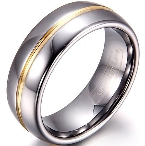 JewelryWe Ringe Herren Wolfram Rille: 8mm Breite Wolframcarbid Herren-Ring Gold Rille in der Mitte Partnerringe Verlobungsringe Hochzeit Engagement Band Ring mit Gravur Silber Größe 71