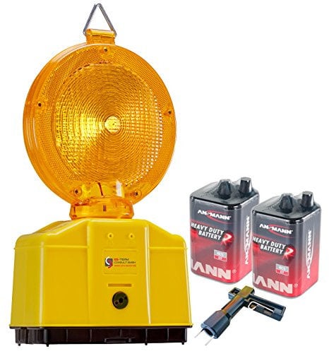 Baustellenleuchte, LED, Warnleuchte gelb - mit Secura-Halter, inkl. 2 x 6 Volt Batterien und 1 x Lampenschlüssel