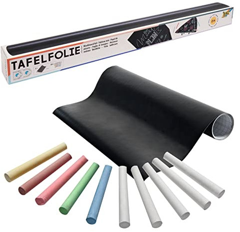 folia 390090 - Tafelfolie, ca. 45 cm x 2 m, schwarz, mit 5x farbiger und 5x weißer Tafelkreide