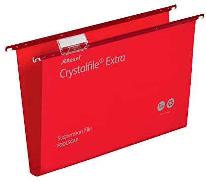 Rexel CrystalFile Extra Hängemappen (Polypropylen, 30 mm Boden, Format Foolscap) 25 Stück rot