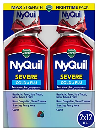 Vicks NyQuil SEVERE Cold & Flu Liquid Twin Pack, Nighttime Relief Medicine for Headache, Fever, Sore Throat, Minor Aches & Pains, Nasal Congestion, Sneezing, Runny Nose, Cough, Berry Flavor, 2x12 OZ