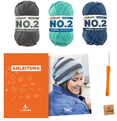 myboshi Häkelset Sommermütze Iga, inkl. No.2 Wolle, Nadel und Anleitung, Häkelpaket, 85% Baumwolle, 15% Kapok Blau, mit Häkelnadel