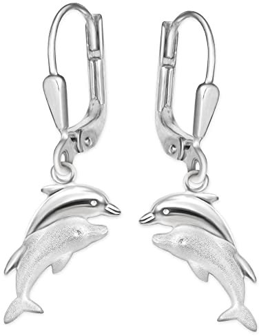 CLEVER SCHMUCK Silberne Delfin Ohrhänger 24 mm als Delfinpaar 11 mm matt und glänzend STERLING SILBER 925 für Damen oder Kinder im Schmucketui