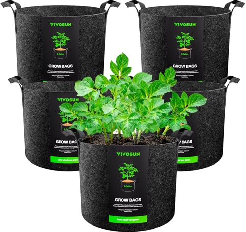 VIVOSUN Sac à Plantes, 5 x 20L Sac Pomme de Terre Plantation en Non-tissé 300 g Sac Géotextile, pour Culture Permanente-réutilisable, idéal pour Cultiver Pommes de Terre et Tomates avec Poignées