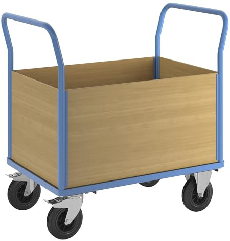 eurokraft pro | Plattformwagen mit Holzwänden | Mit 4 hohen Wänden, LxB 1050 x 700 mm, Vollgummi