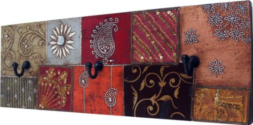 GURU SHOP 3`er Wandhaken, Kleiderhaken, Garderobe, Schlüsselbrett - Bagru Patchwork, 13x38x4 cm