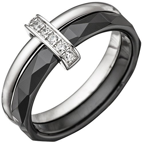 Schmuck Krone Ring Damenring aus Keramik schwarz & 925 Silber mit Zirkonia weiß Fingerring, Ringgröße:Innenumfang 52mm ~ Ø16.6mm
