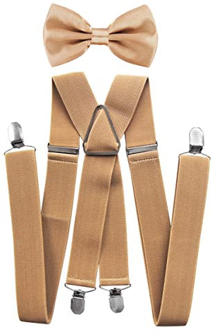 axy® Hochwertige Herren Hosenträger mit Fliege - 4 Starken Clips X-Form (Beige (Hosenträger Breit 3,5cm))